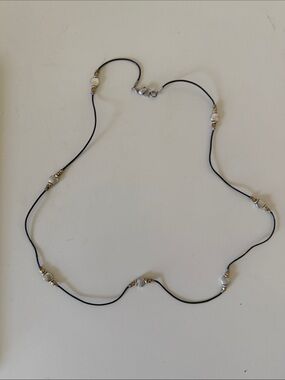 Delicate Black Cord Necklace with Silver and Gold Beads